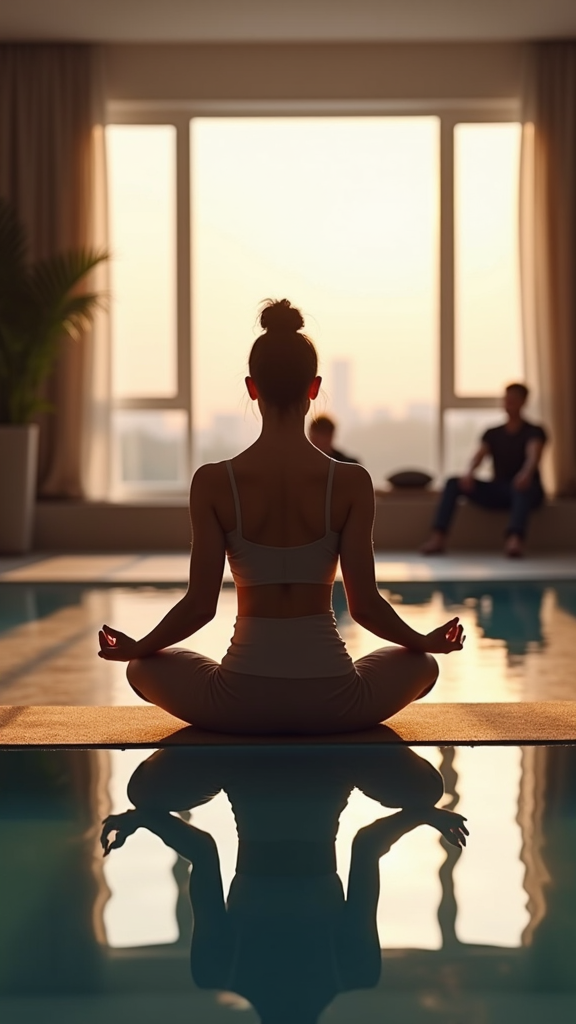 A person sits cross-legged in meditation by a pool with sunlight streaming through a large window.