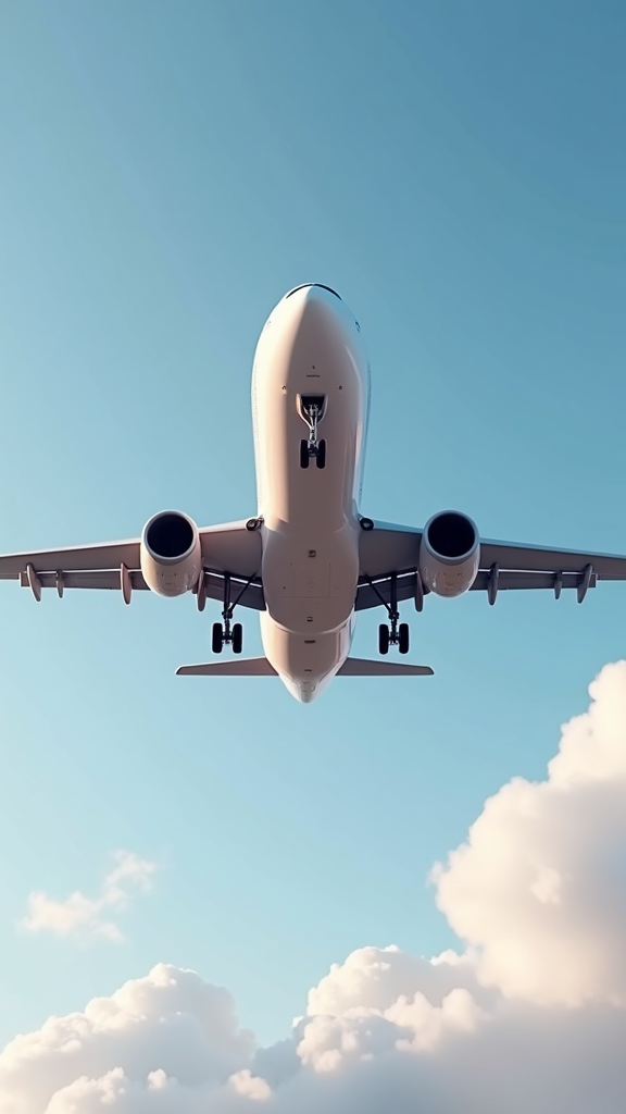 A commercial airplane captured from below, set against a backdrop of a clear sky with cotton-like clouds.