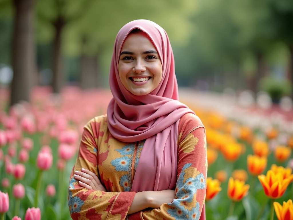 The image features a woman wearing a hijab in a beautiful garden filled with tulips. She is standing with her arms crossed and wearing a joyful smile. The background is a vibrant blend of pink and orange tulips, creating a stunning contrast with her attire. The natural lighting enhances the warmth of the scene, making it inviting. This scene captures the essence of cultural pride and expression in a serene outdoor setting.