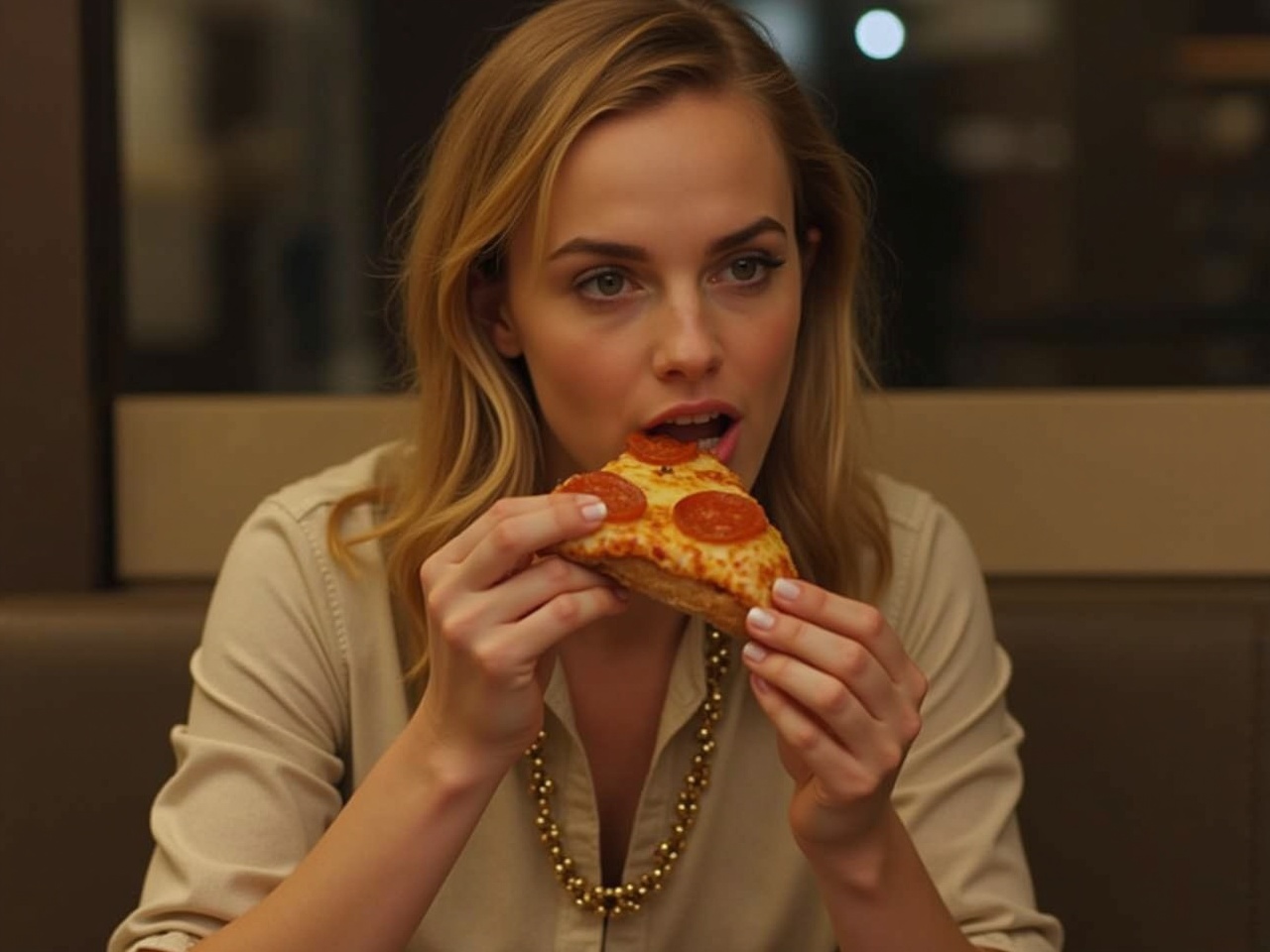 The image features a woman seated at a table in a casual dining area. She is about to take a bite of a slice of pepperoni pizza. The atmosphere is warm and inviting, with soft lighting that highlights her features and the food. The woman has blonde hair and is dressed in a light-colored top. She appears focused on her meal, enjoying the moment of eating pizza. The setting reflects a relaxed dining experience, making the pizza look appetizing and appealing.