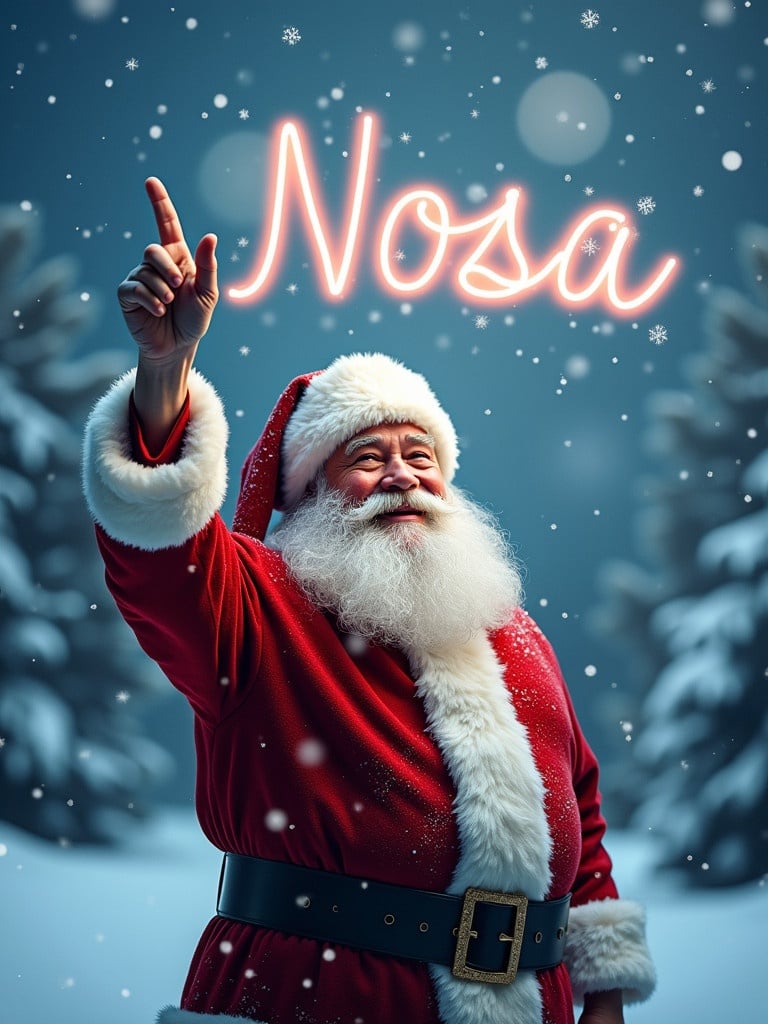 Image of a joyful Santa Claus in a winter wonderland. He wears a traditional red suit and hat. Santa points upward, writing a name in the sky. Snowflakes fall around him. The name 'Nosa' glows in the sky. Snowy trees form the background.