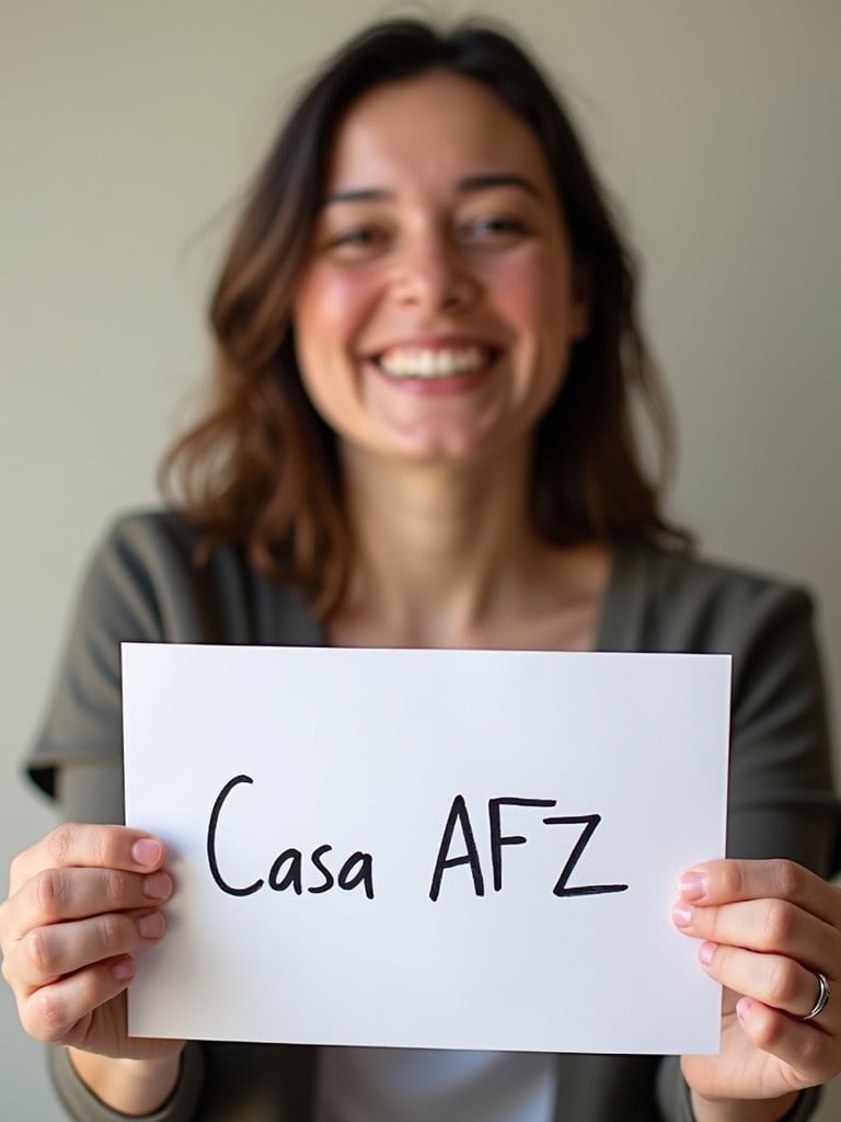 A person holds a piece of paper with the name Casa AFZ. The person appears happy and is showing joy. The right arm and hand are in full view.