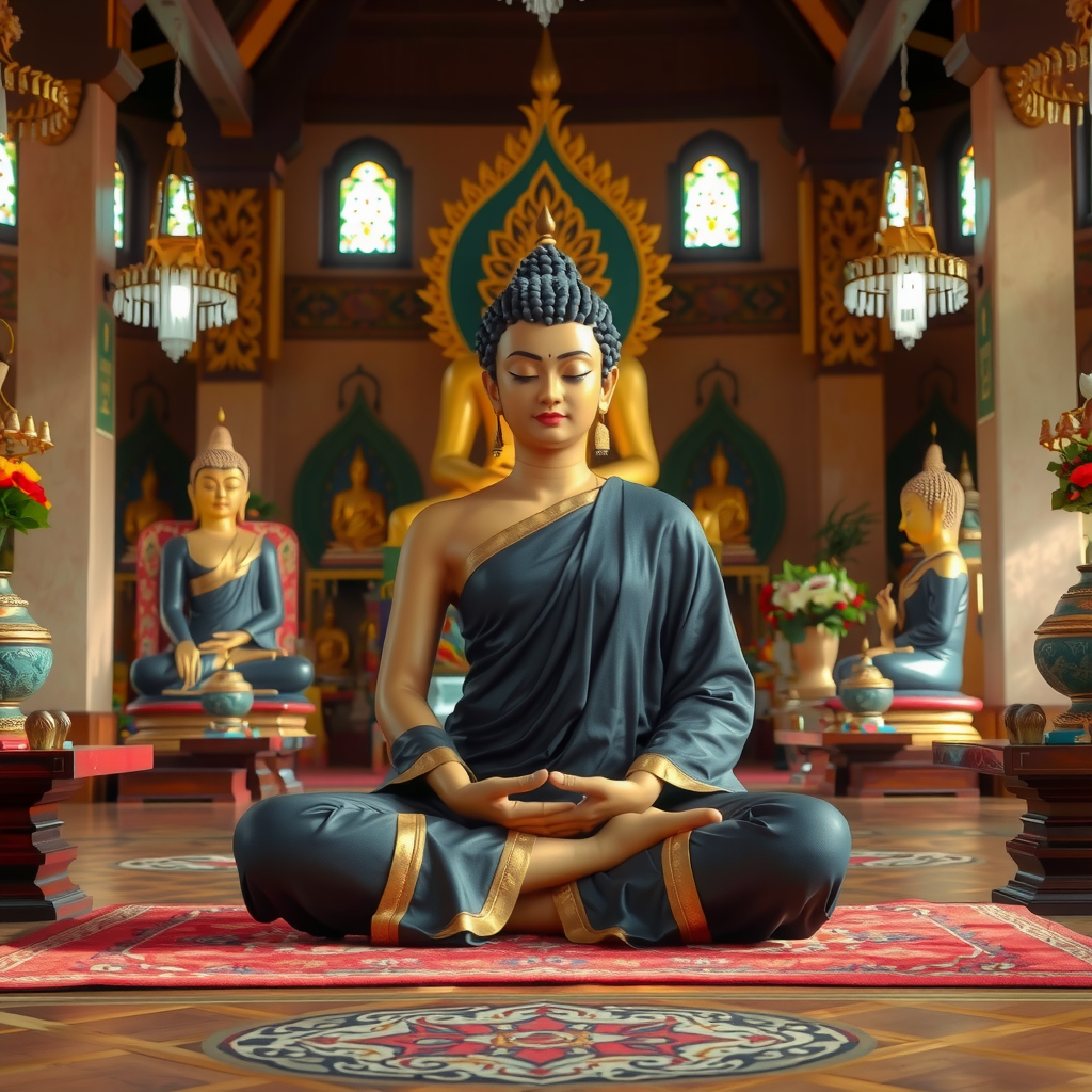 A serene Buddha statue in meditation, surrounded by intricate temple decor and warm lighting.