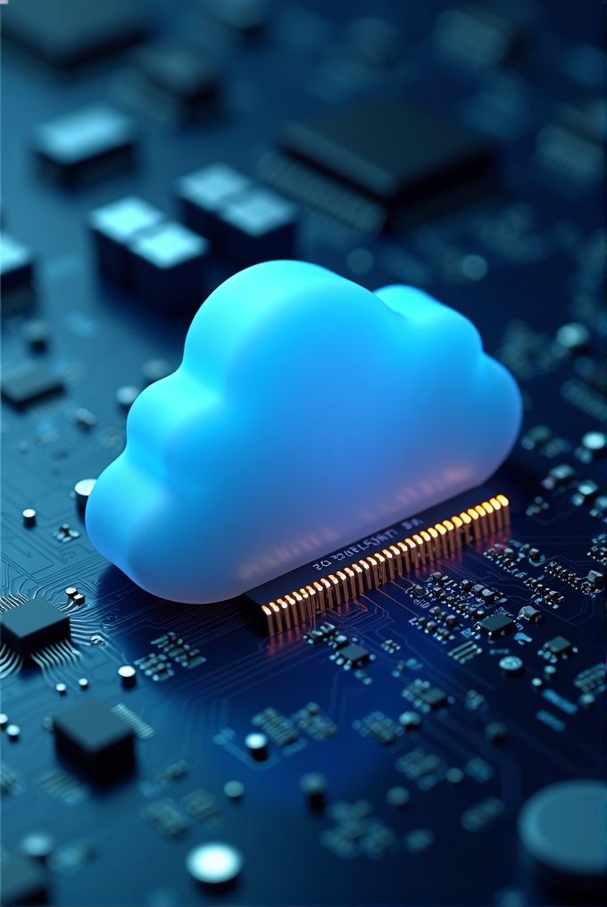 A glowing blue cloud shape sits atop an intricate circuit board, symbolizing the integration of cloud computing and hardware technology.