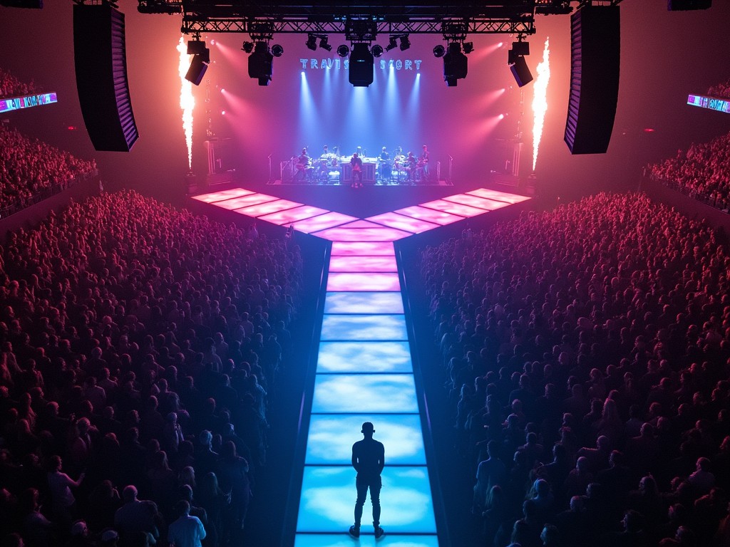 The image showcases a spectacular concert by Travis Scott at Madison Square Garden. It features an aerial drone view of the unique T-shaped runway leading to the stage, filled with vibrant colors. The lighting adds dramatic effects to the scene, creating an electrifying atmosphere. A large audience is visible, engrossed in the performance. This setting highlights the grandeur and excitement of live music events.