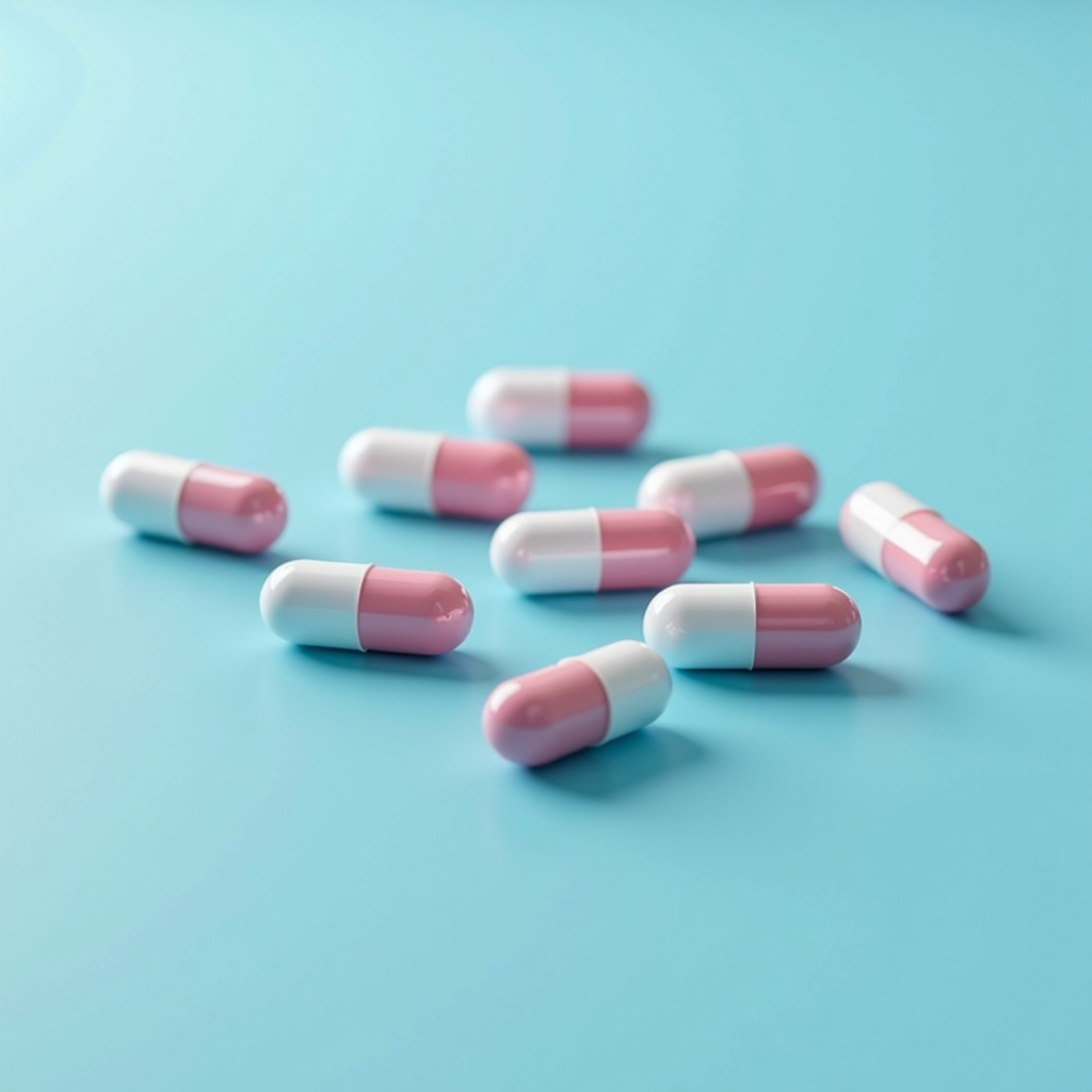 A cluster of pink and white capsules scattered on a smooth blue surface.