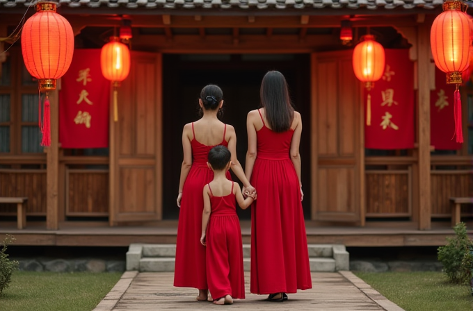 Three females in matching red dresses face a traditional building adorned with red lanterns.