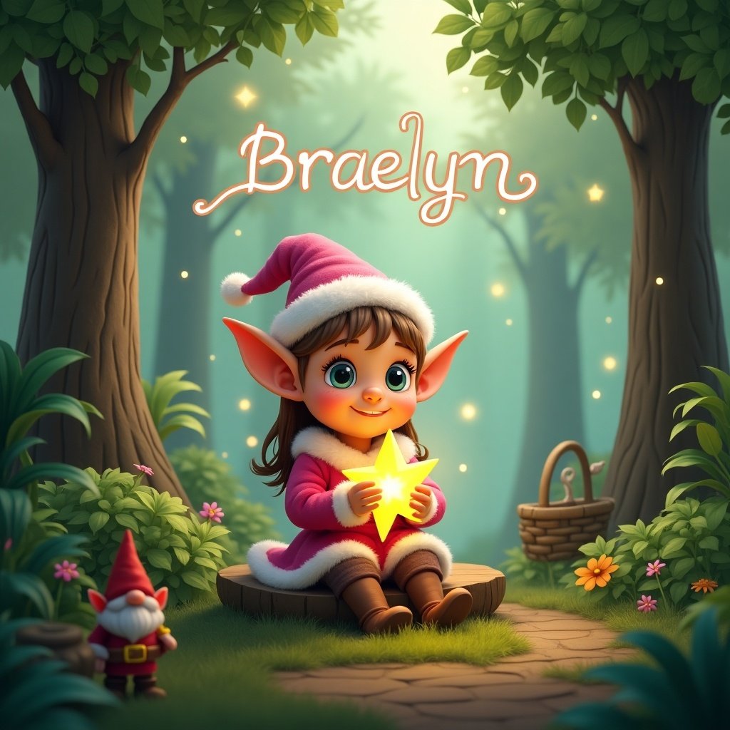 In a magical forest, young elf with pointed ears and festive pink outfit sits on wooden platform holding glowing star in hands amidst lush greenery. Background contains tall trees with soft light filtering through leaves. Sky above features whimsical cloud-like name Braelyn. Small woodland elements like cozy basket and charming gnome add to enchanting scene.