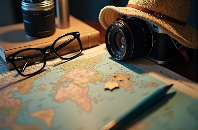 A travel-themed setup with a camera, map, glasses, and a hat.