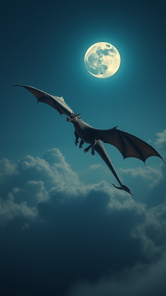 This captivating image depicts a dragon soaring through a night sky with the full moon as its backdrop. The dragon is silhouetted against the bright glow of the moon, creating a striking contrast. The surrounding clouds add a mystical atmosphere, enhancing the fantasy theme of the scene.