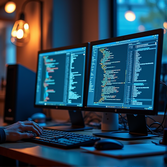 A developer is typing code on a dual-monitor setup in a dimly lit room with warm ambient lighting.