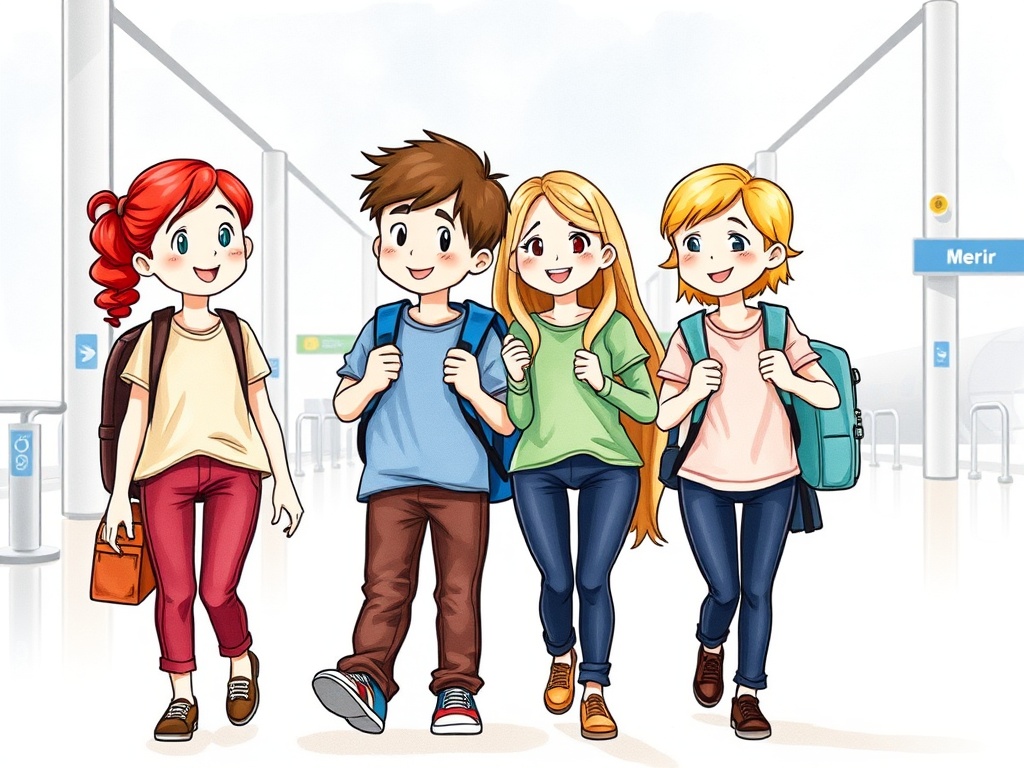 A vibrant cartoon illustration of four children walking happily through an airport. Each child is adorned with colorful clothing and backpacks, suggesting they're about to embark on an exciting journey. The bright and cheerful expressions on their faces evoke a sense of adventure and camaraderie. The background features a clean, modern airport setting with signs, underscoring the theme of travel and exploration.