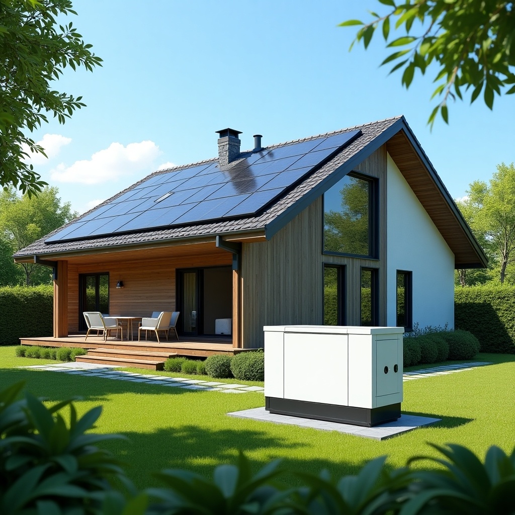 The image showcases a modern house equipped with solar panels on the roof. Next to the house, there is a compact power generator that enhances energy efficiency. The house features a combination of wooden and modern design elements. Lush green grass surrounds the property, creating an inviting outdoor space. It's a sunny day, emphasizing the eco-friendly aspects of the house.