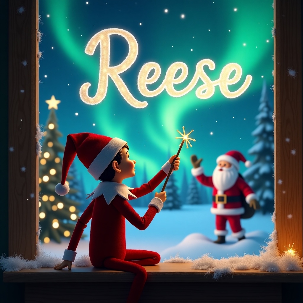 An illustration depicts an elf on the shelf, sitting with his back to the viewer. He is looking up at the magical sky, using a wand to write the name 'Reese' among twinkling stars. The background is filled with vibrant northern lights, casting a colorful glow over the snowy landscape. In the distance, Santa Claus is seen joyfully waving, adding to the festive ambiance. Fluffy snow rests on the window sill, enhancing the wintery feel of the scene.