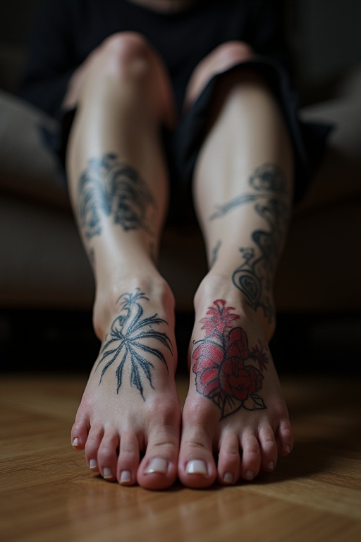 Mature goth woman with tattoos on the soles of her feet. Tattoos are intricate and colorful. The feet are bare and highlighted. The background is soft and blurred.