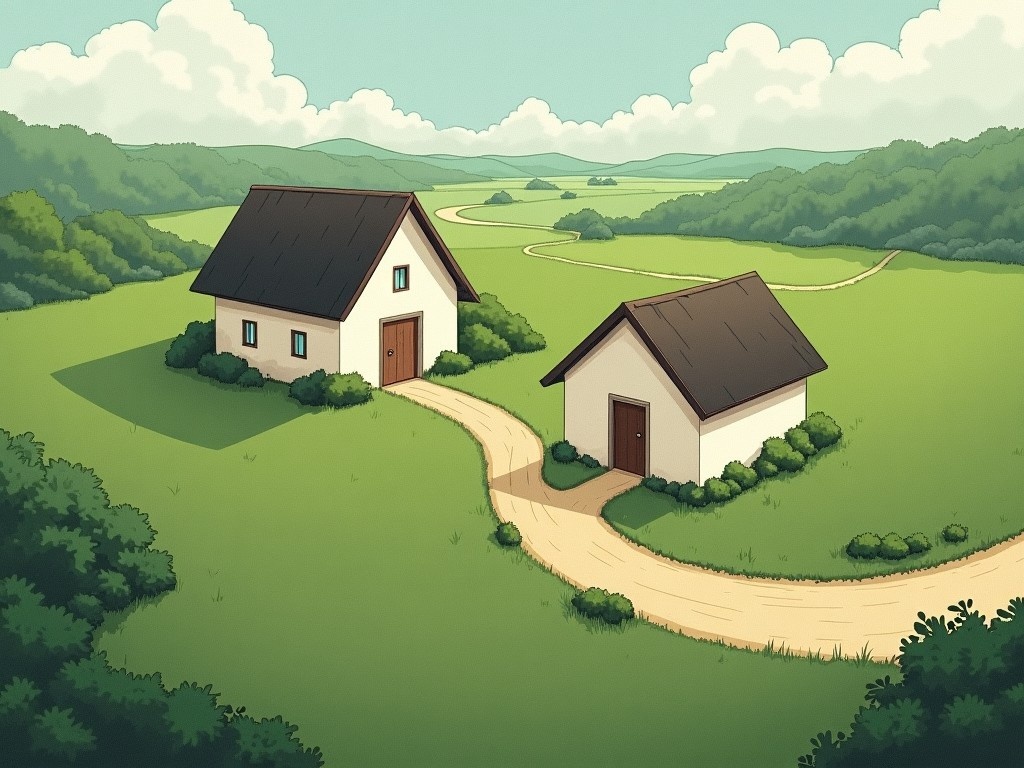 This image shows a quiet rural landscape featuring two small houses. The houses are painted in light colors, with one having a slanted roof and the other a flat roof. They are positioned close to each other, surrounded by patches of greenery. A winding path leads from the houses, indicating a road or walkway. The scene is tranquil and suggests a peaceful countryside atmosphere.