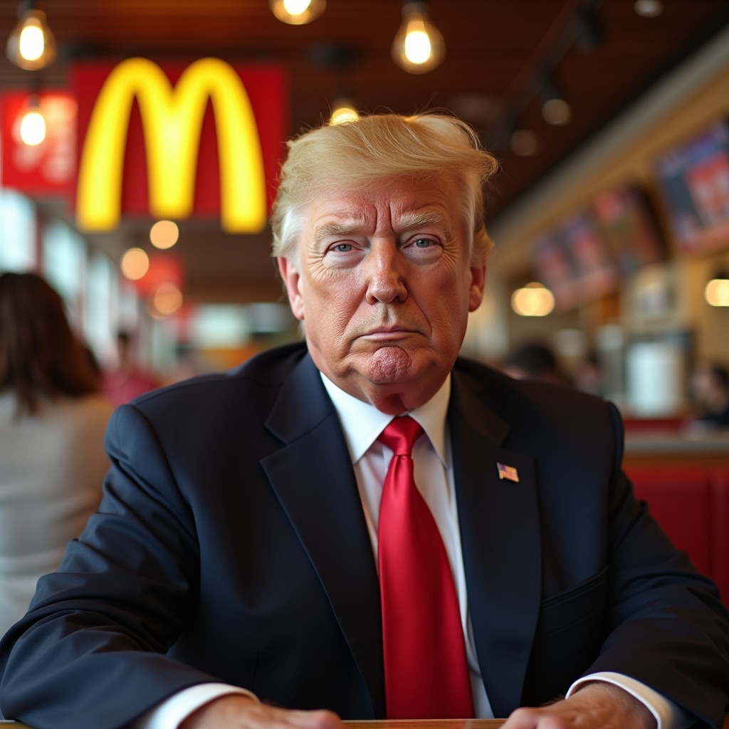 The image depicts Donald Trump seated in a McDonald's restaurant. He has a serious expression on his face, suggesting a contemplative or determined demeanor. The background features the recognizable McDonald's branding, with its iconic colors of red and yellow. The lighting is bright and casual, typical of fast-food establishments. This scene combines political commentary with everyday dining culture, making for a striking visual.