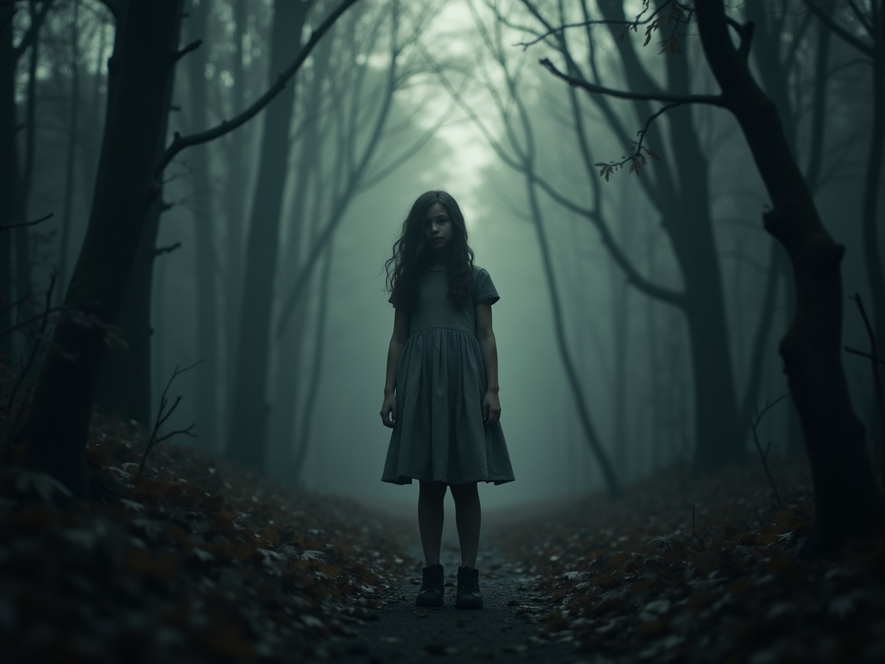 In a dimly lit forest, a young girl stands alone on a narrow path. She has long, tousled hair and wears a simple gray dress that seems out of place in the eerie environment. The trees around her are tall and bare, casting long shadows in the mist. Fallen leaves cover the ground, adding to the autumnal yet melancholic feel of the scene. There's an unsettling quietness, with only a sense of dread lingering in the air. The fog thickens around her, making her appear even more isolated and vulnerable.