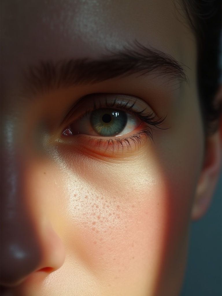 Close-up of an eye. Pale skin surrounding the eye. Highlighted by dramatic light and shadows. Focus on the misty characteristics of the eye.