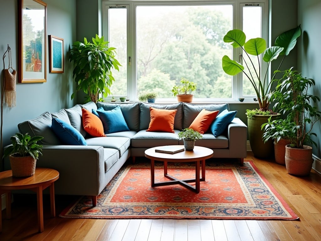 This image showcases a beautifully designed living room with a modern aesthetic. The focal point is a sectional sofa adorned with colorful pillows in shades of blue and orange. Surrounding the sofa are lush green plants in decorative pots, which add a touch of nature to the decor. A vibrant area rug adds warmth to the hardwood floor, enhancing the overall comfort of the space. Large windows flood the room with natural light, creating a welcoming and bright atmosphere, perfect for relaxation and gatherings.