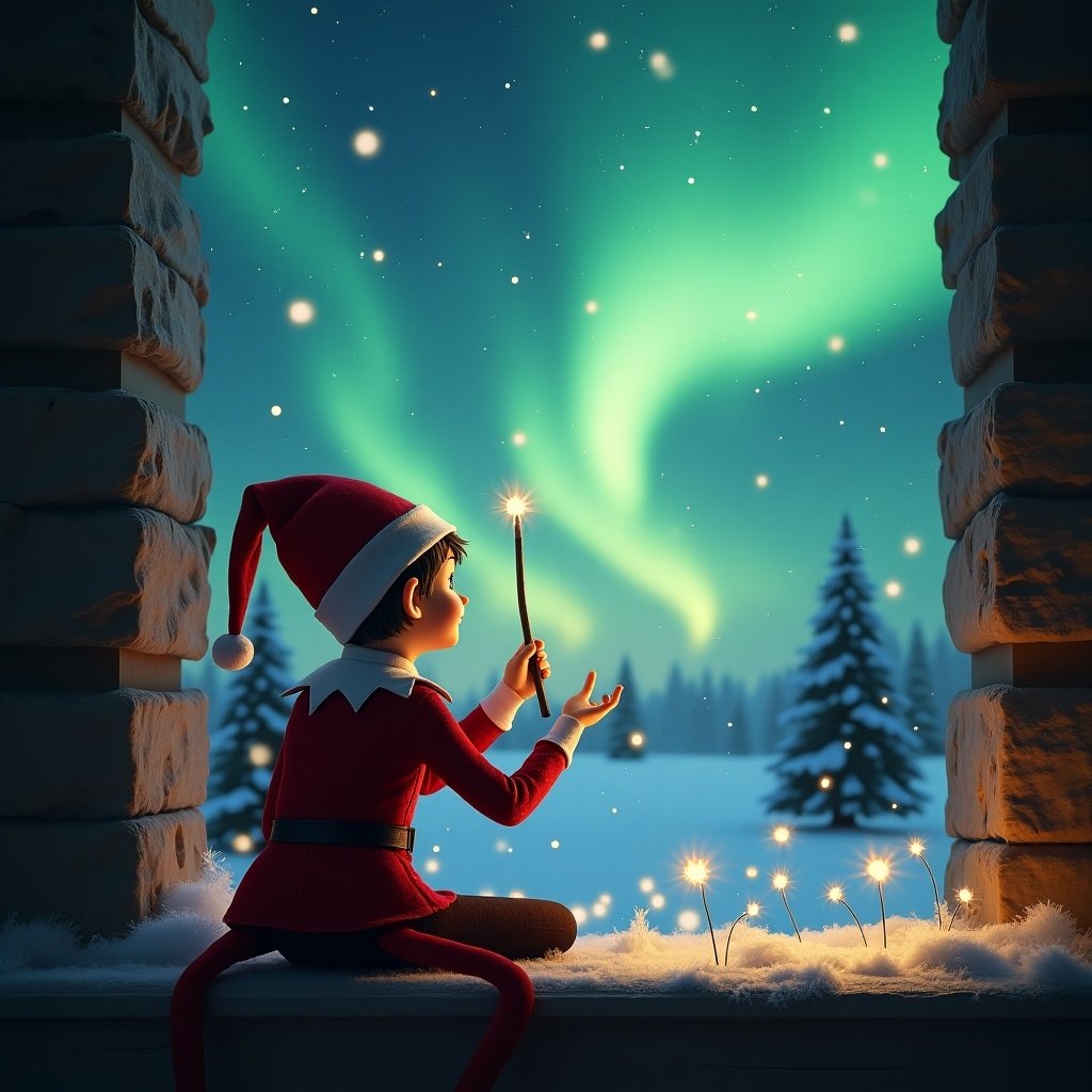 Elf in red and white outfit sits with back to viewer. Elf uses wand to write in the night sky. Northern lights and snowy trees provide magical atmosphere. Santa can be seen in the background.