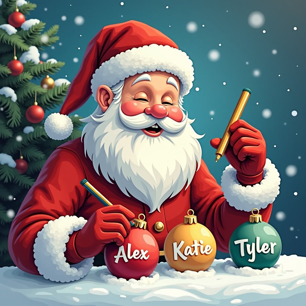 Image shows Santa Claus writing names on Christmas baubles. Snowy background with festive greenery. Baubles labeled 'Alex', 'Katie', 'Tyler'. Santa in red suit has a cheerful smile. Colors are vibrant capturing holiday joy.