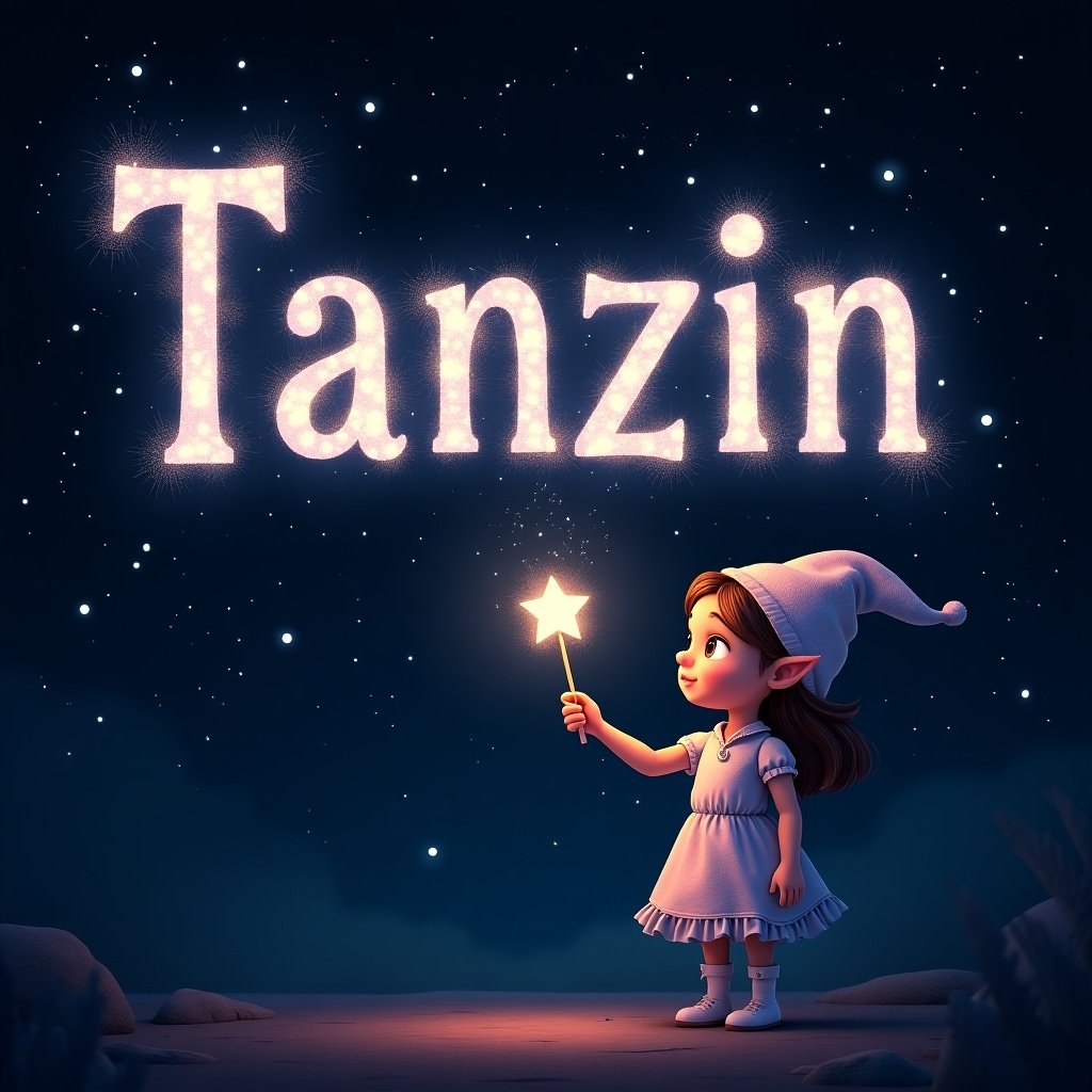 A girl elf is using a magical wand to write names in sparkling text against a starry night sky. The name 'Tanzin' glows elegantly. The dark background highlights the white and light pink letters. The scene feels magical and whimsical.