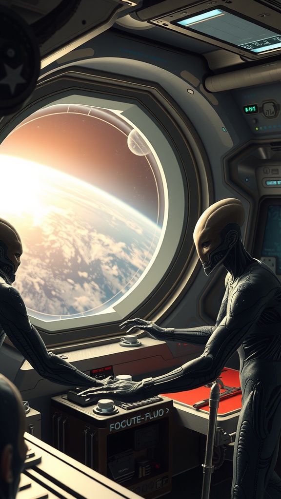 This digital artwork depicts two futuristic alien figures interacting with control devices inside a spaceship. They stand by a large window offering a breathtaking view of a planet with a soft sunset, hinting at their location in orbit. The lighting and design evoke a sense of advanced technology and exploration.