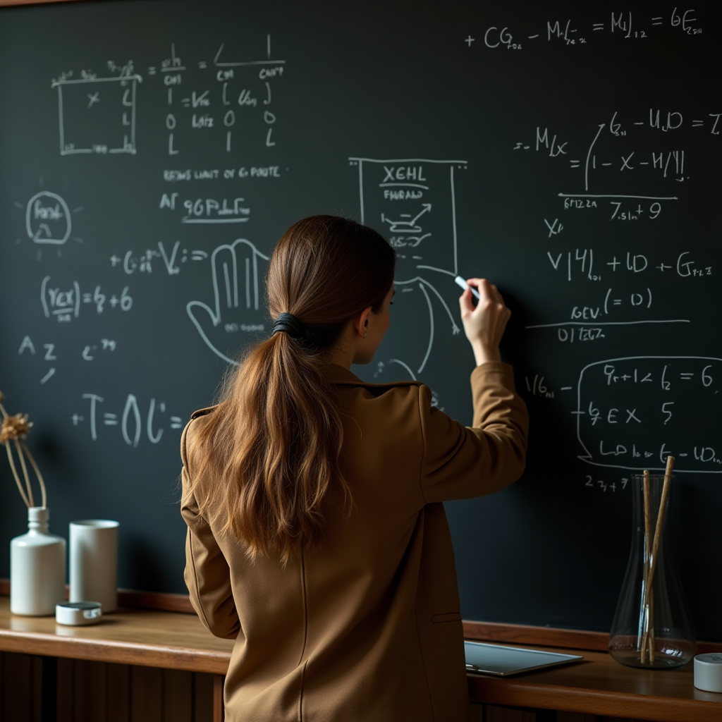 A woman writes complex equations on a chalkboard in a modern study setting.