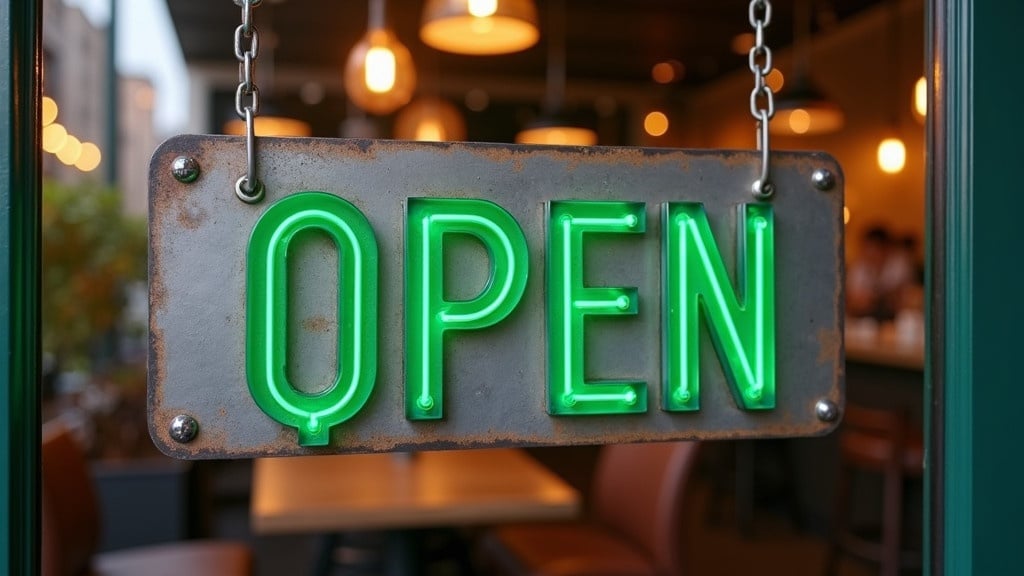 A steel sign showing the word OPEN in bold green text. Located on a glass door with a new restaurant behind. Texture gives a vintage feel. No arrows present.