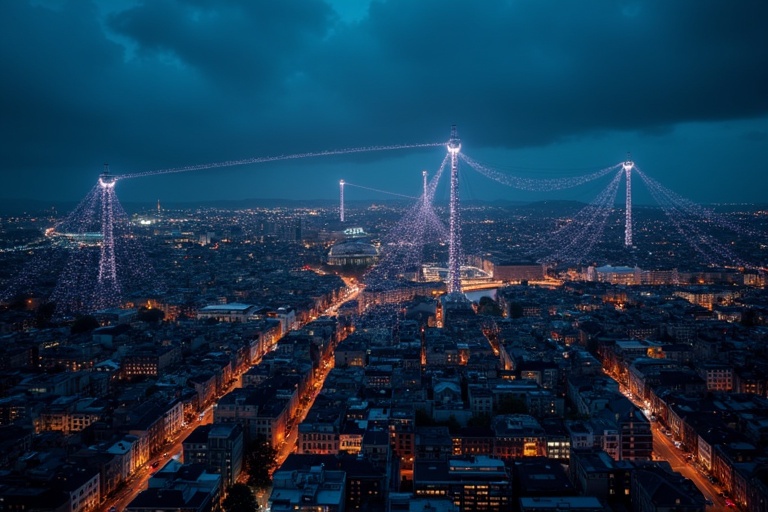 Aerial view of Dublin city during the night. Bright wireless connection visible. Cityscape illuminated under a dark sky. Highlight the modern technological infrastructure.