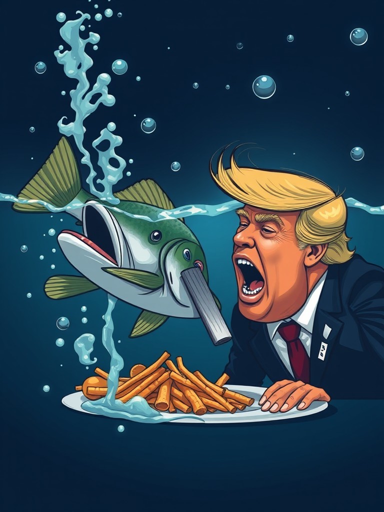 A cartoon of a man in a suit arguing with a fish over a plate of fries underwater.