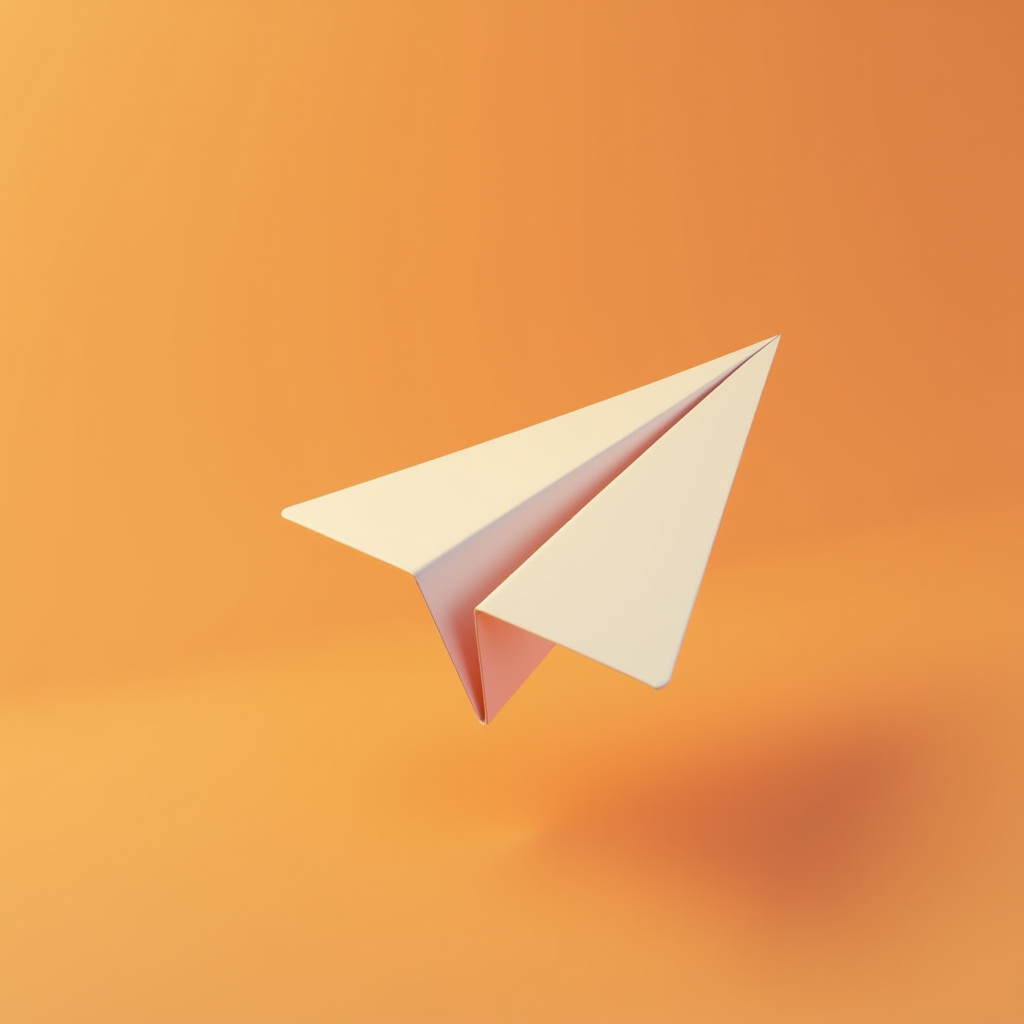 A minimalist beige paper airplane gracefully floats against a smooth peach-orange background.