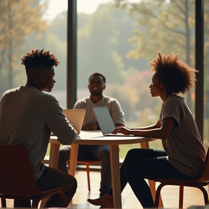 Three people sit at a table with laptops, bathed in warm sunlight from a large window.