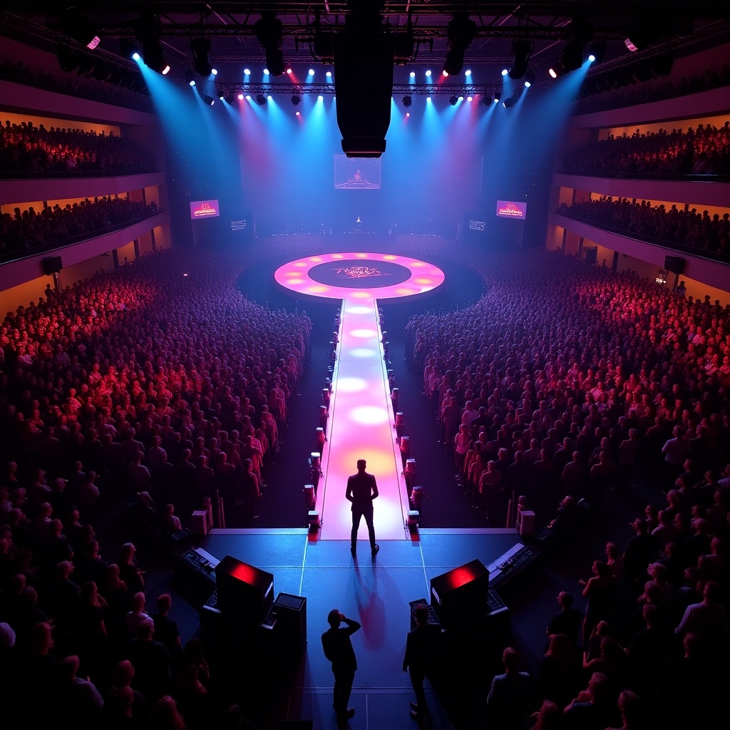 A dramatic scene from a Roddy Rich concert at Madison Square Garden. The image is captured from a drone's perspective, showcasing a large audience filling the venue. In the center, there is a T-stage runway, illuminated with vibrant red and purple lights. The atmosphere is electric, with spotlights highlighting the performer in a bold stance. The overall ambiance is captivating, drawing the viewer into the intense musical experience.