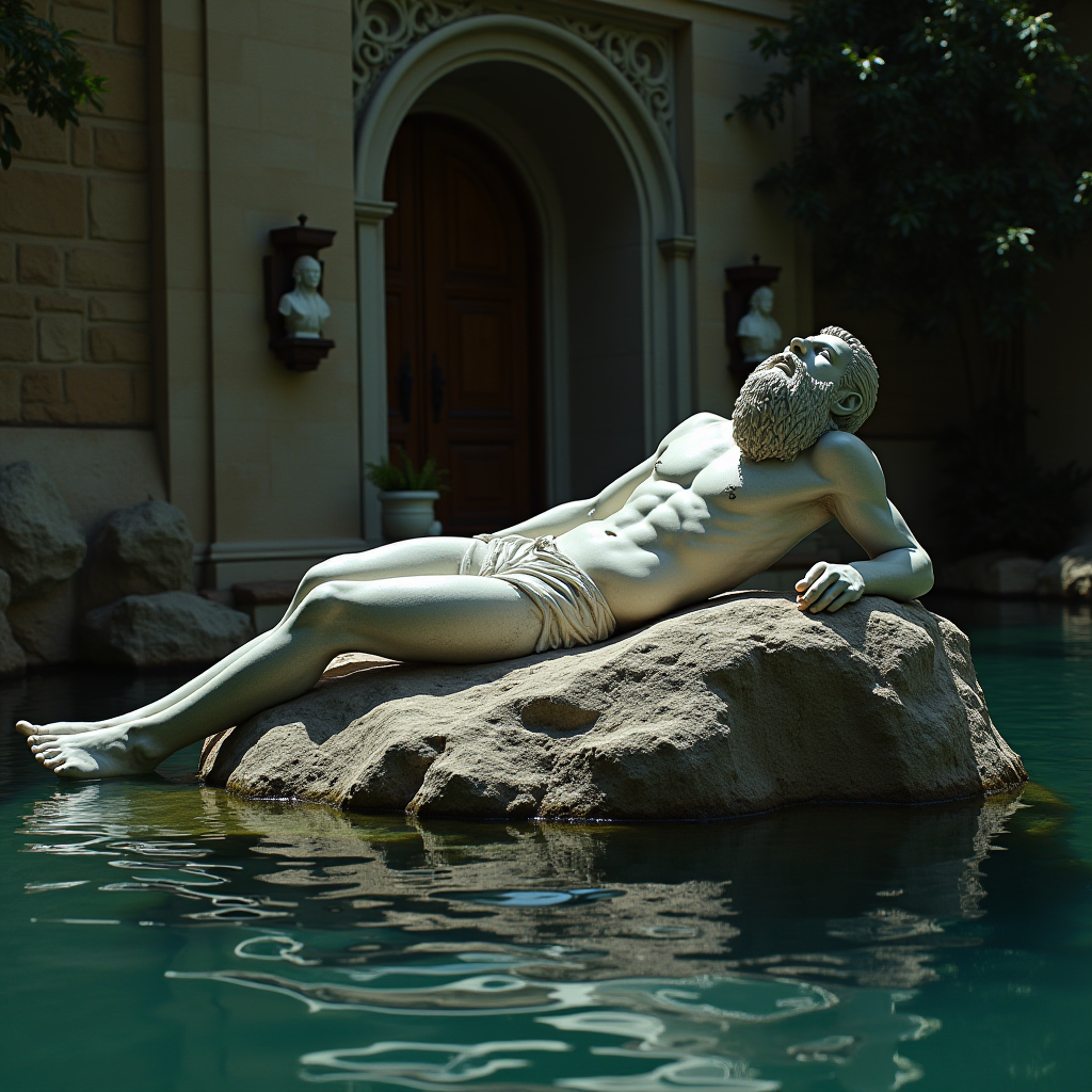 This image features a lifelike statue of a bearded man reclining gracefully on a large rock. The statue exhibits a classical style, reminiscent of ancient Greek or Roman sculpture, with realistically defined muscles and draped fabric around the waist suggesting a sense of timeless poise and elegance. The sculpture is positioned in the middle of a tranquil water feature or pool, creating a reflective surface that mirrors the statue. In the background, a grand building with archways and carefully crafted bas-reliefs adds to the classical ambiance. The setting is calm, surrounded by lush greenery and soft shadows, evoking a serene and contemplative atmosphere.