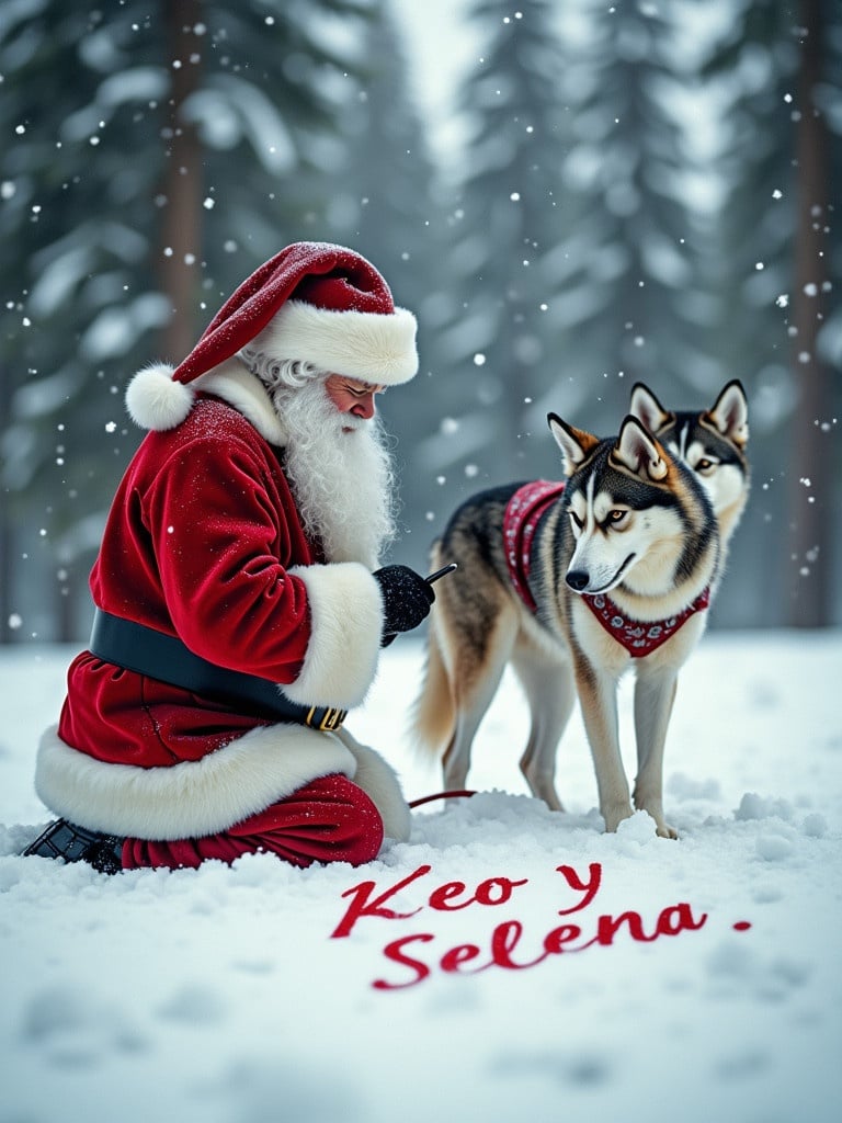 Santa Claus kneels in the snow. Traditional Santa dressed in red with white trim and hat. Background shows a snowy forest with trees. Soft snowflakes fall around. A husky stands beside him. Santa is writing a message in the snow that says Keo y Selena.