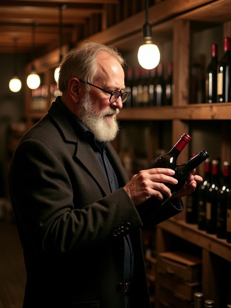 Elderly man examining wine bottles in a wine cellar. The man has a beard and wears glasses. He is surrounded by wine bottles in shelves. The setting is dimly lit.