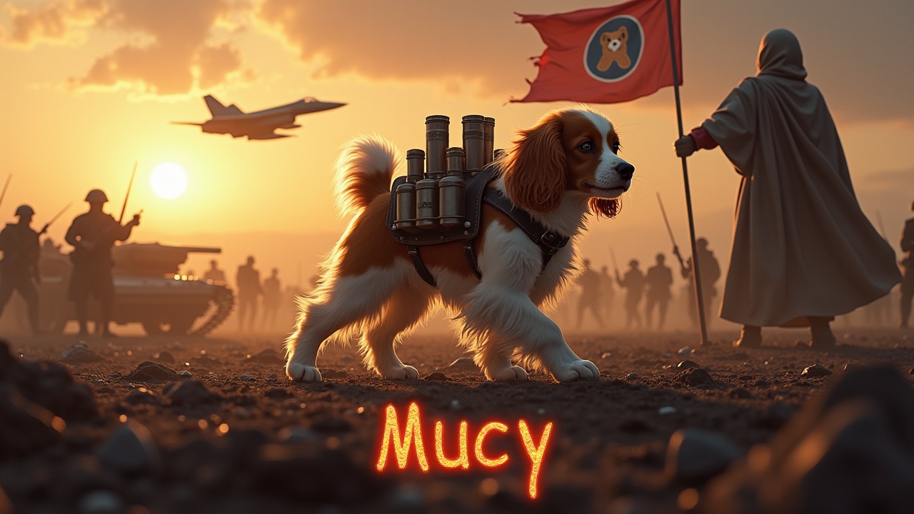 In a dramatic and awe-inspiring scene, a fluffy brown and white cavalier king charles spaniel walks confidently across a dark, desolate battlefield. Strapped to its back are several small missiles, giving it an adventurous look. Nearby, a valiant figure in a cloak holds a flag emblazoned with a dog emblem, symbolizing bravery and loyalty. In the background, soldiers with rifles and tanks are shadowy figures, enhancing the atmosphere of tension. Above, a jet fighter cuts through the sky, adding to the dramatic effect. The vibrant text 'Mucy' is written boldly at the bottom, catching the viewer's attention.