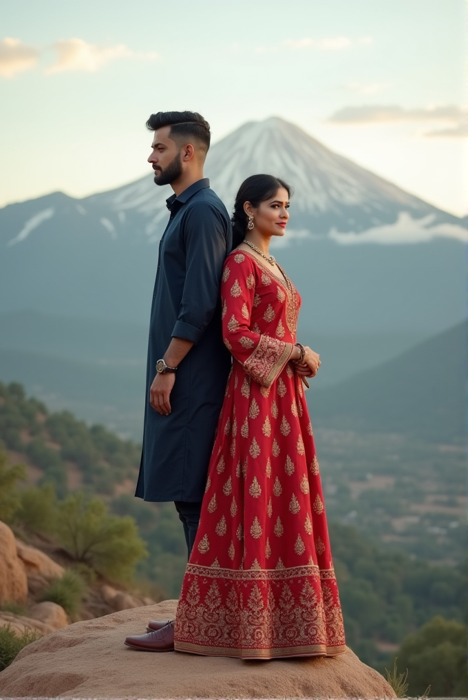 A man and woman stand back to back on a rock with a mountain and forest in the background.