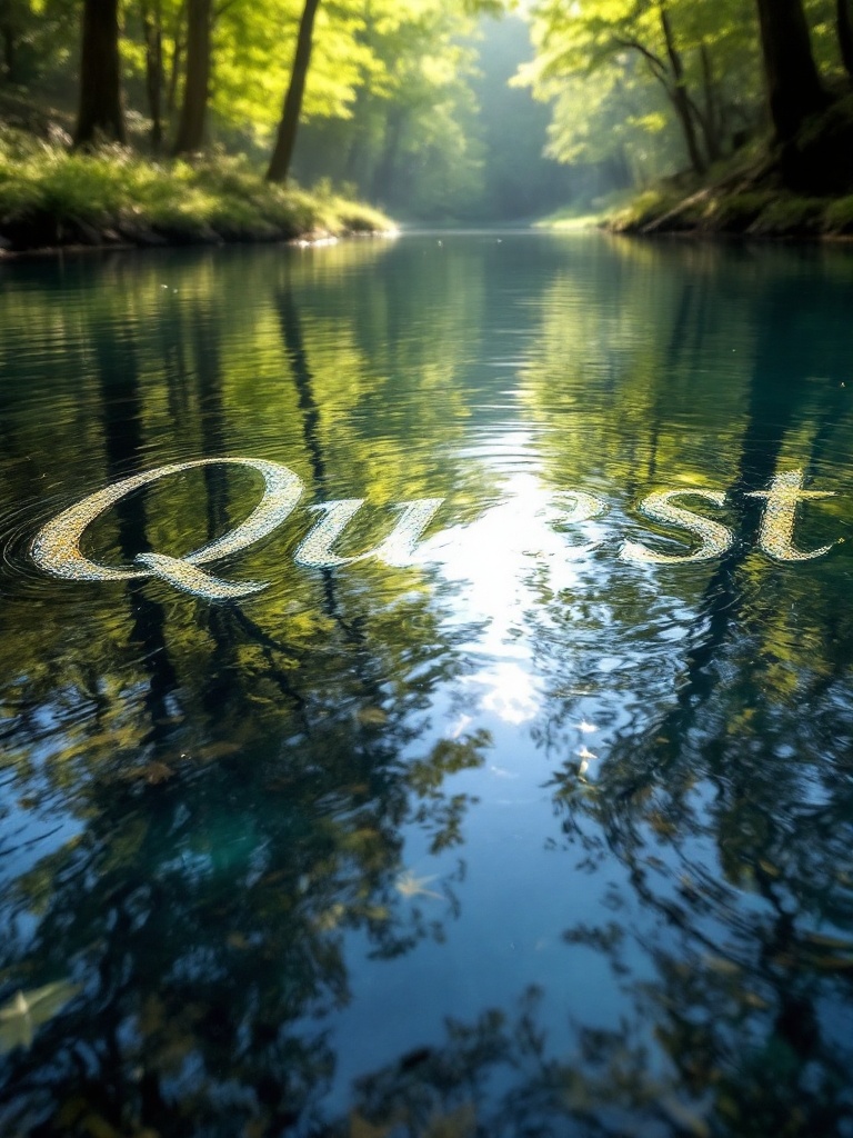 A peaceful forest scene with a calm river reflecting nature. Sunlight creates patterns on the water. The word 'Quest' is prominent in the reflections. An atmosphere of exploration and inspiration surrounds the scene.