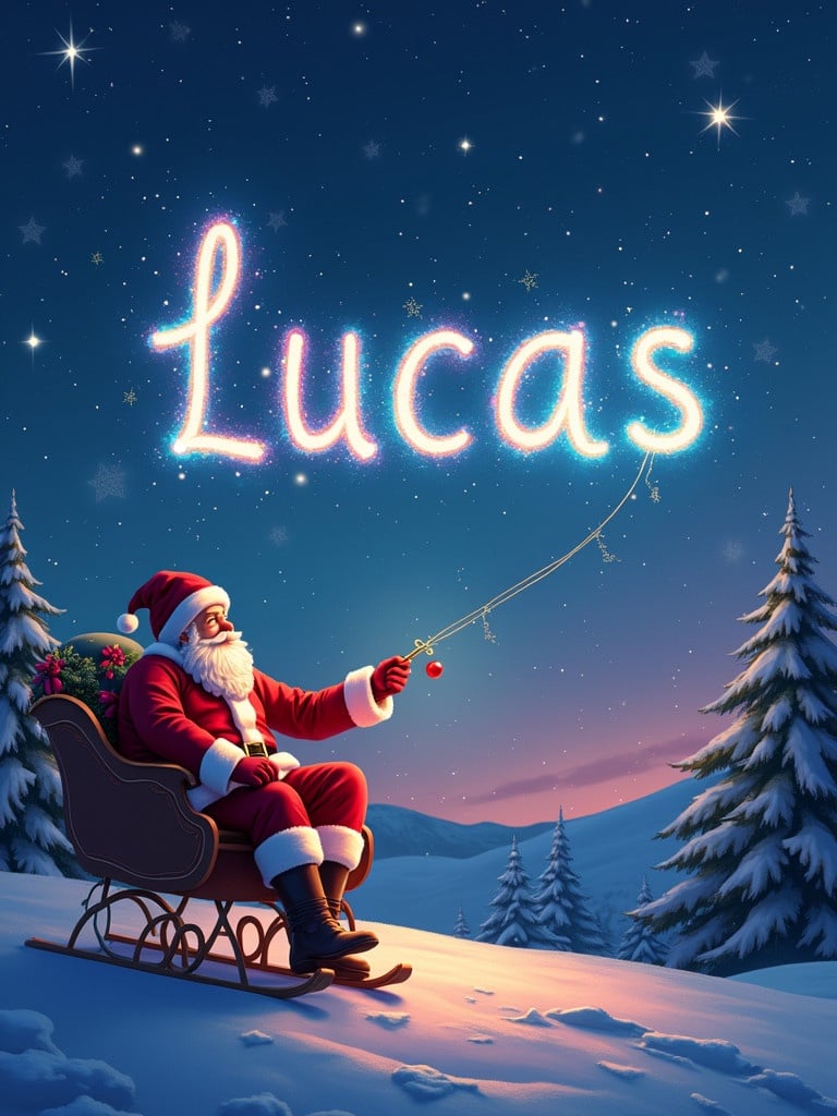 Christmas theme Santa Claus writes the name Lucas in colorful glow pen in the sky. Santa sitting on sleigh with snowy background and evergreen trees.