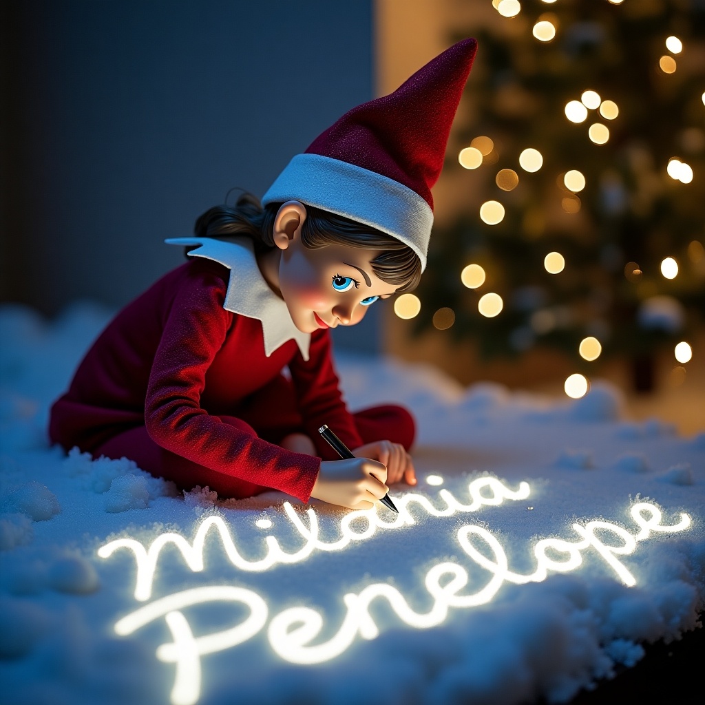 Elf girl writing in snow with lights. Names 'Milania Penelope' artistically cursive. Christmas setting with glowing ambiance.