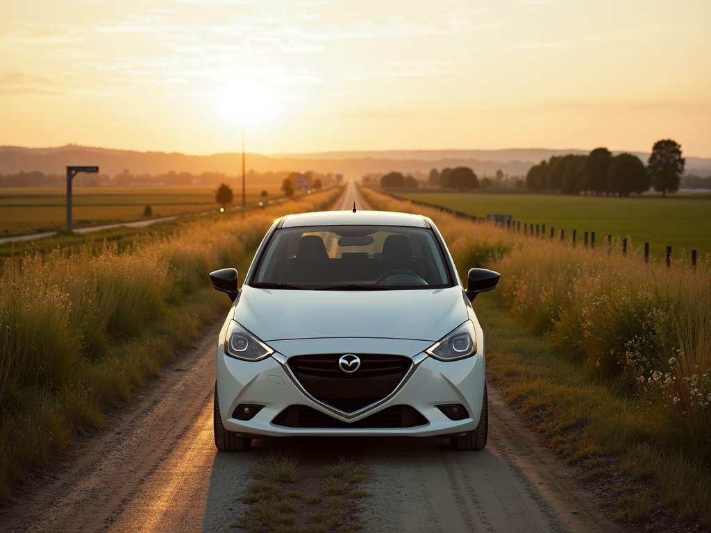 A white sedan is parked on a narrow dirt road surrounded by grassy fields, illuminated by a golden sunset.