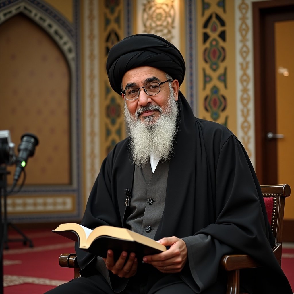 Man reading a religious text in a cultural setting. Traditional décor in background. Person wearing traditional attire. Focus on the act of reading.