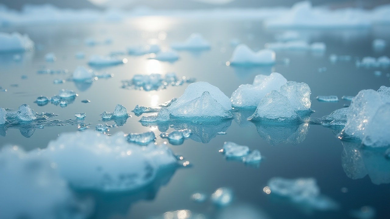 This image showcases a cinematic shot focusing on the ice surface with thin ice fragments scattered across a calm river. The close-up perspective highlights the rich details of the ice, capturing various shapes and textures. Natural and soft light enhances the serene atmosphere, reflected beautifully in the water below. The film color correction gives a subtle yet striking visual effect. Overall, it's an artistic representation of nature's beauty, perfect for evoking a sense of wonder and tranquility.