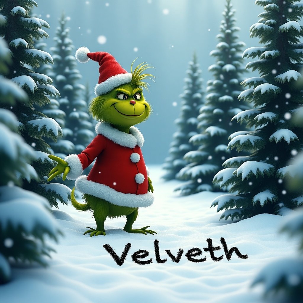 The Grinch stands in a snowy landscape. Christmas trees fill the background. The Grinch writes 'Velveth' in the snow.