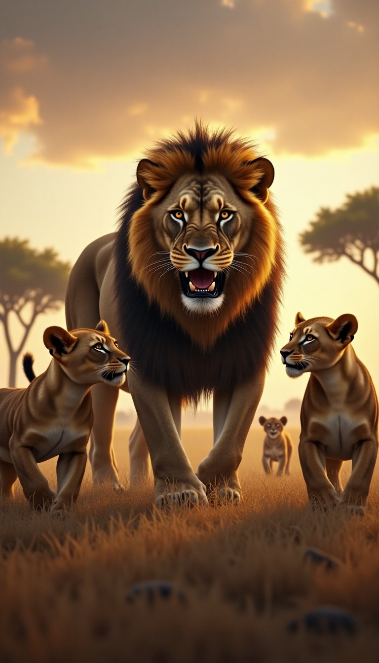 Digital artwork showing a male lion asserting dominance over a pride in the African savannah. The scene captures tension and instinct with young cubs retreating. Lionesses in the background show fear. Background includes dry grasses and acacia trees under a dramatic sky.