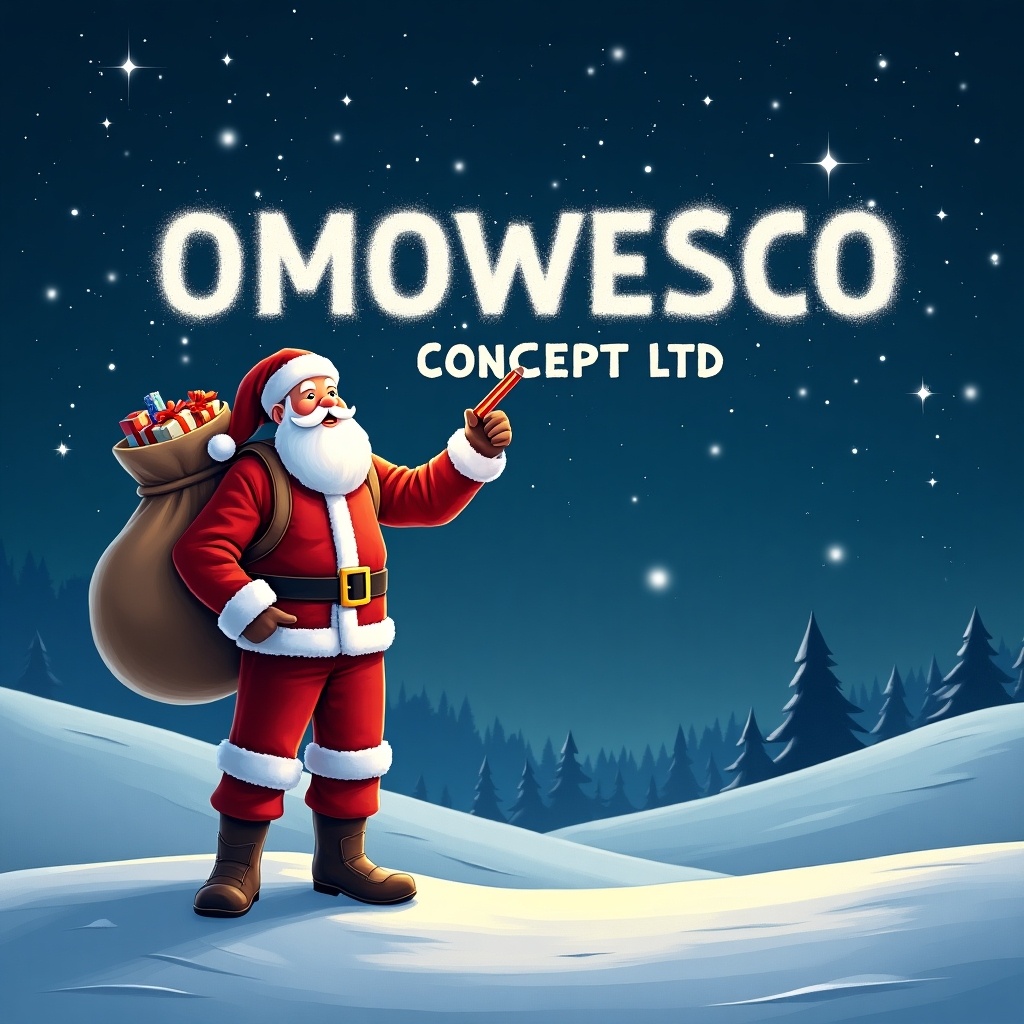 Santa Claus stands on a snowy hill under a starry night. He writes OMOWESCO CONCEPT LTD in the sky with a pencil. Santa is dressed in red and white with a large sack of gifts on his back. The name is in a whimsical font with construction items effects.