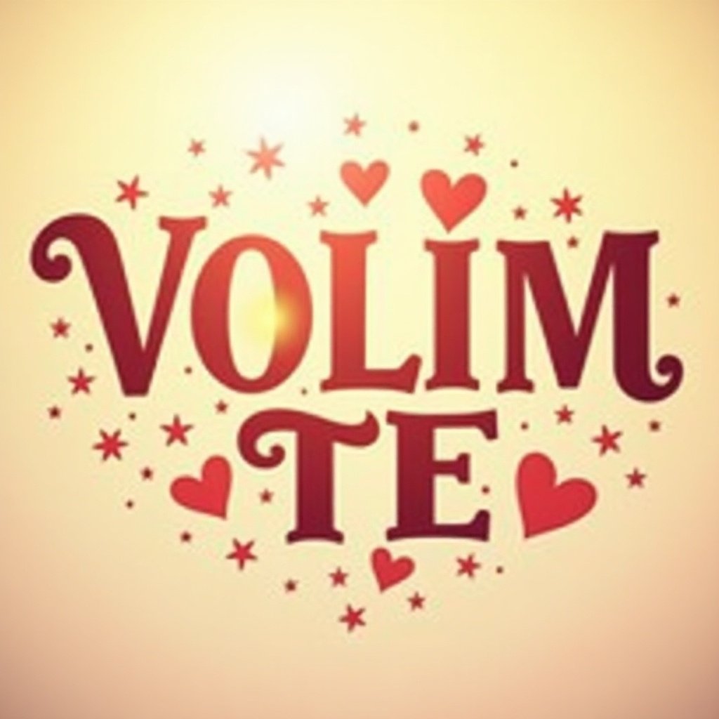 Design features the phrase 'VOLIM TE' with hearts and stars. Joyful and warm colors. Infuses the concept of love and affection. Ideal for romantic applications.